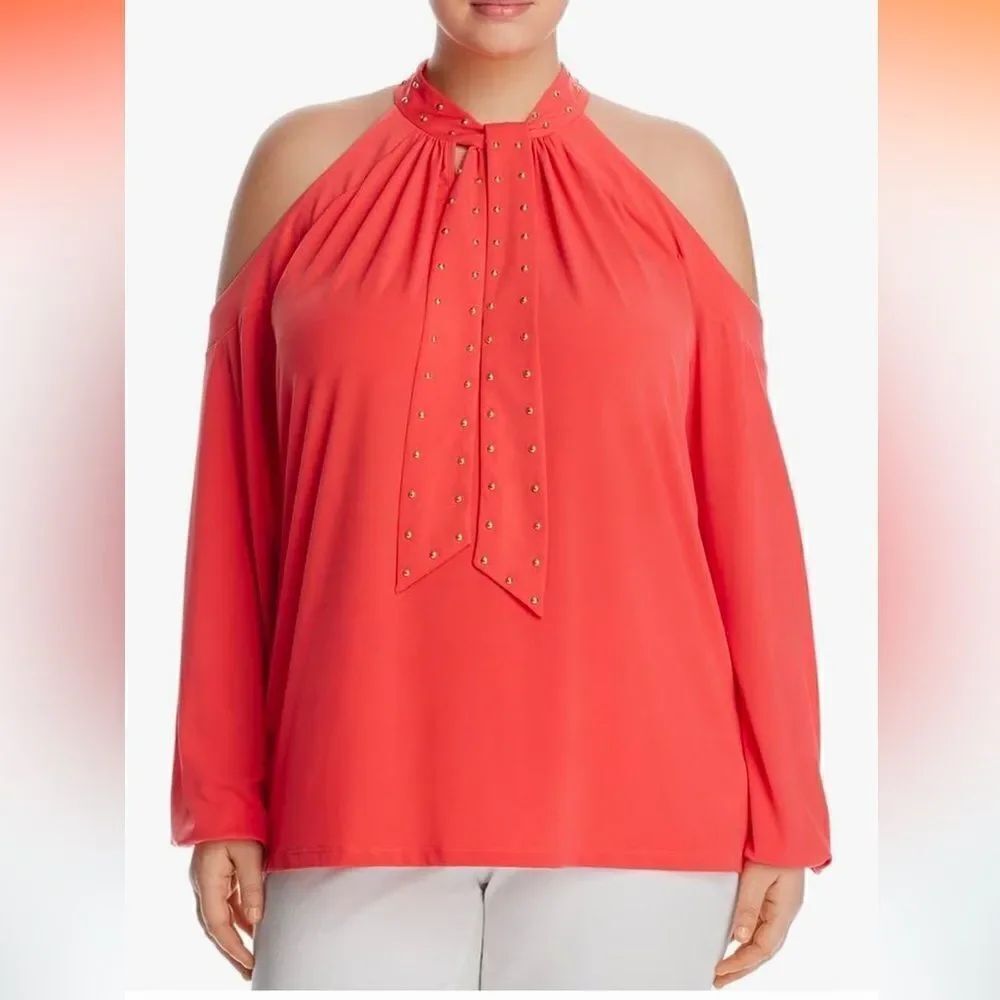 Michael Kors Orange Gold Stud Self tie split neck open Shoulder Large Holiday